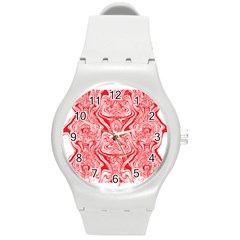 A Red And White Image Of A Pattern On A White Background Round Plastic Sport Watch (m)