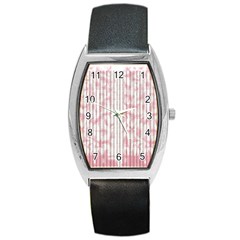 A Pink And White Striped Background Barrel Style Metal Watch