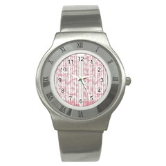 A Pink And White Striped Background Stainless Steel Watch