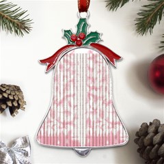 A Pink And White Striped Background Metal Holly Leaf Bell Ornament