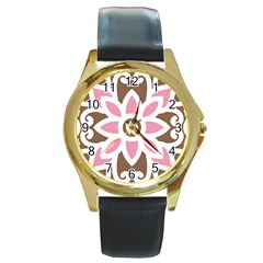 A Pink Flower On A Brown Background Round Gold Metal Watch