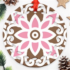 A Pink Flower On A Brown Background Round Filigree Ornament (two Sides)