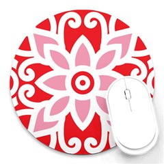 A Red And White Pattern With A Flower On It Round Mousepad