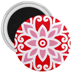 A Red And White Pattern With A Flower On It 3  Magnets