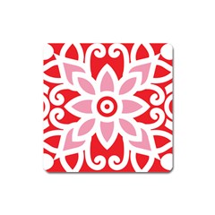 A Red And White Pattern With A Flower On It Square Magnet