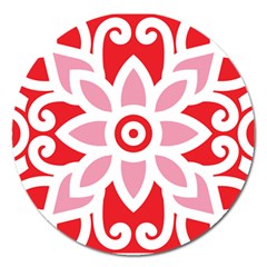 A Red And White Pattern With A Flower On It Magnet 5  (round)