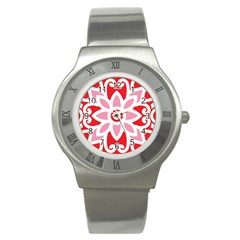 A Red And White Pattern With A Flower On It Stainless Steel Watch