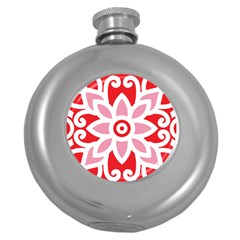 A Red And White Pattern With A Flower On It Round Hip Flask (5 Oz)