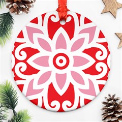 A Red And White Pattern With A Flower On It Round Ornament (two Sides)