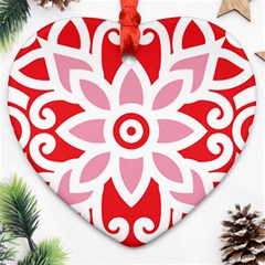 A Red And White Pattern With A Flower On It Heart Ornament (two Sides)