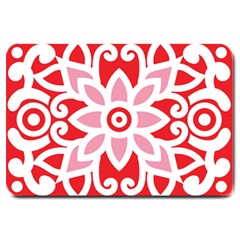 A Red And White Pattern With A Flower On It Large Doormat