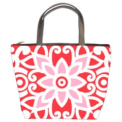 A Red And White Pattern With A Flower On It Bucket Bag