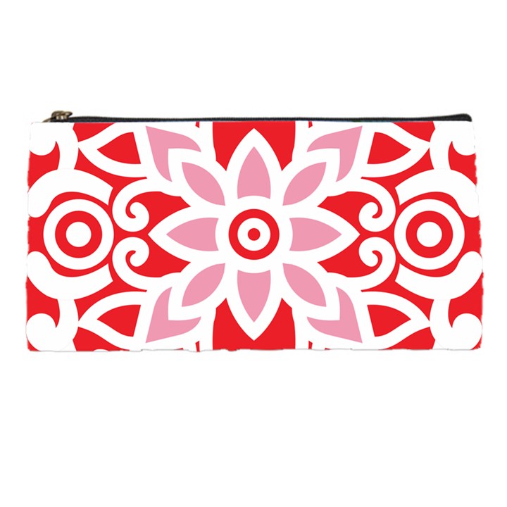 A Red And White Pattern With A Flower On It Pencil Cases