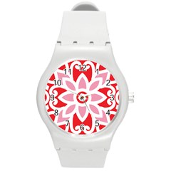 A Red And White Pattern With A Flower On It Round Plastic Sport Watch (m)