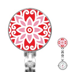 A Red And White Pattern With A Flower On It Stainless Steel Nurses Watch