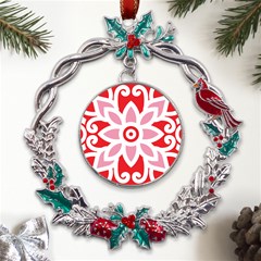 A Red And White Pattern With A Flower On It Metal X mas Wreath Holly Leaf Ornament