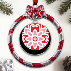 A Red And White Pattern With A Flower On It Metal Red Ribbon Round Ornament