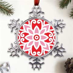 A Red And White Pattern With A Flower On It Metal Large Snowflake Ornament