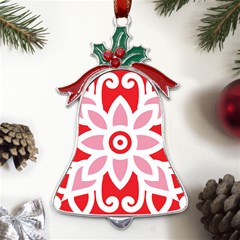 A Red And White Pattern With A Flower On It Metal Holly Leaf Bell Ornament