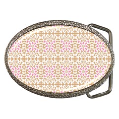 A Pink And White Flower Pattern On A Brown Background Belt Buckles