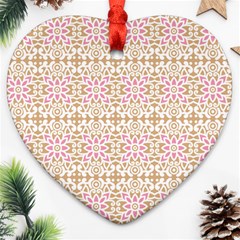 A Pink And White Flower Pattern On A Brown Background Heart Ornament (two Sides)