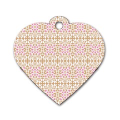 A Pink And White Flower Pattern On A Brown Background Dog Tag Heart (one Side)