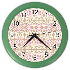 A Pink And White Flower Pattern On A Brown Background Color Wall Clock