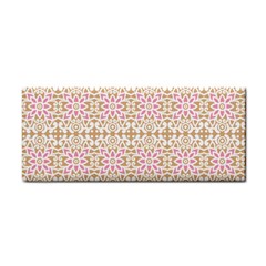 A Pink And White Flower Pattern On A Brown Background Hand Towel