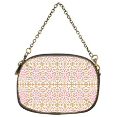 A Pink And White Flower Pattern On A Brown Background Chain Purse (one Side)