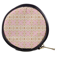 A Pink And White Flower Pattern On A Brown Background Mini Makeup Bag