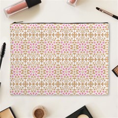 A Pink And White Flower Pattern On A Brown Background Cosmetic Bag (xl)