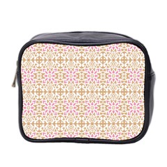 A Pink And White Flower Pattern On A Brown Background Mini Toiletries Bag (two Sides)