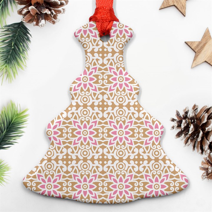 A Pink And White Flower Pattern On A Brown Background Ornament (Christmas Tree) 