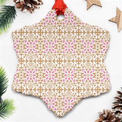 A Pink And White Flower Pattern On A Brown Background Snowflake Ornament (two Sides)