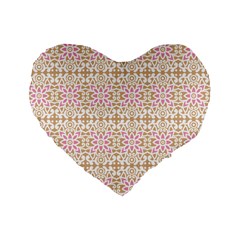 A Pink And White Flower Pattern On A Brown Background Standard 16  Premium Heart Shape Cushions