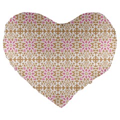 A Pink And White Flower Pattern On A Brown Background Large 19  Premium Heart Shape Cushions