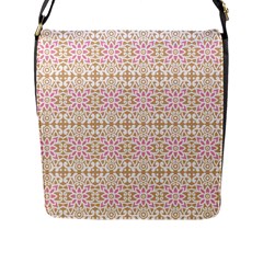 A Pink And White Flower Pattern On A Brown Background Flap Closure Messenger Bag (l)