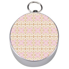 A Pink And White Flower Pattern On A Brown Background Silver Compasses