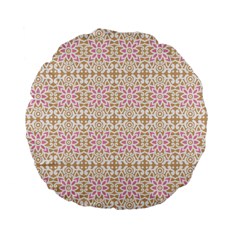 A Pink And White Flower Pattern On A Brown Background Standard 15  Premium Flano Round Cushions