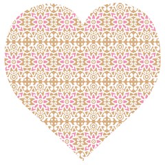 A Pink And White Flower Pattern On A Brown Background Wooden Puzzle Heart