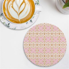 A Pink And White Flower Pattern On A Brown Background Uv Print Round Tile Coaster