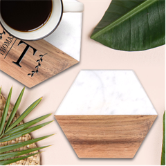 A Pink And White Flower Pattern On A Brown Background Marble Wood Coaster (hexagon) 