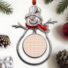 A Pink And White Flower Pattern On A Brown Background Metal Snowman Ornament