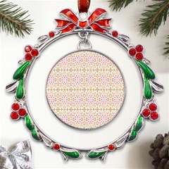 A Pink And White Flower Pattern On A Brown Background Metal X mas Wreath Ribbon Ornament