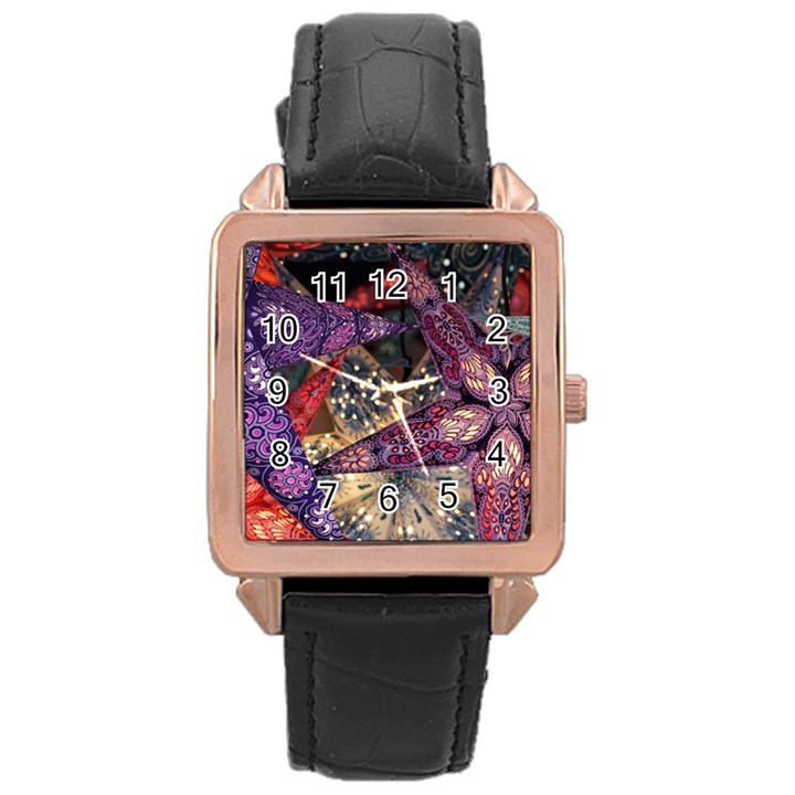 Stars Christmas Advent Rose Gold Leather Watch 