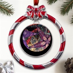 Stars Christmas Advent Metal Red Ribbon Round Ornament