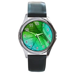 3d Leaves Texture Sheet Blue Green Round Metal Watch