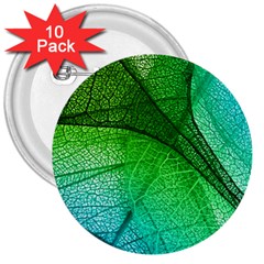 3d Leaves Texture Sheet Blue Green 3  Buttons (10 Pack) 