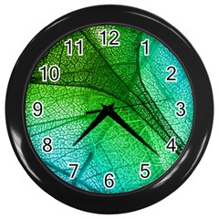 3d Leaves Texture Sheet Blue Green Wall Clock (black)