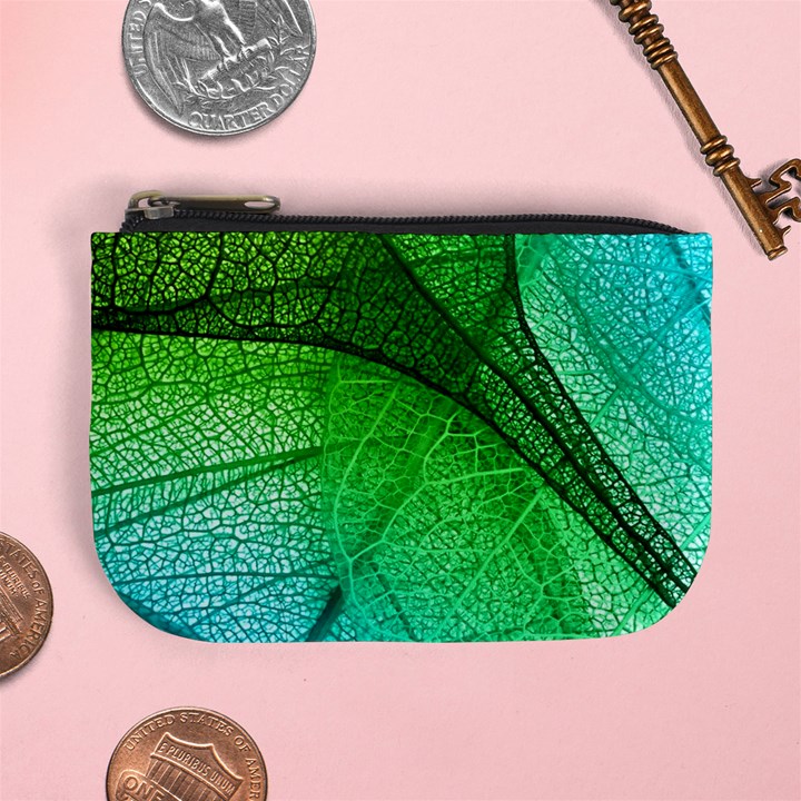 3d Leaves Texture Sheet Blue Green Mini Coin Purse